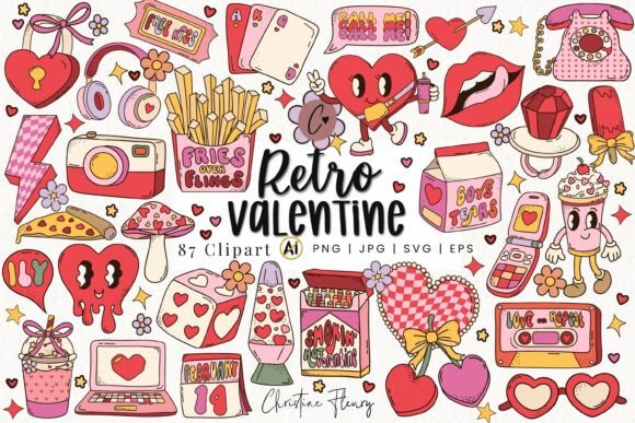 87 Retro Valentine Clipart Bundle: A Vibrant Graphic Design Asset for Content Creators