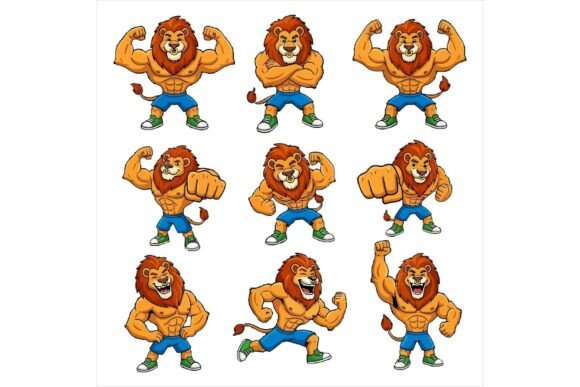 Cartoon Lion Poses Fitness Strong – A Versatile Illustration for Digital Sellers