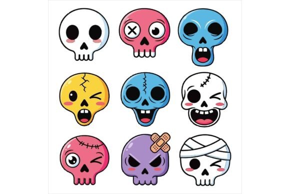 Cartoon Skulls with Different Expression: A Versatile Illustration for Creative Projects