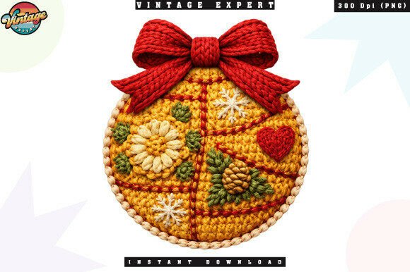 Holiday Ornament Bow Crochet Yarn PNG for Embroidery Projects