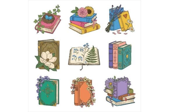 Vintage Books with Flowers Illustrations: A Timeless Graphic Design Asset