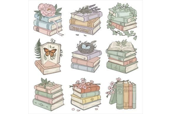 Whimsical Stacks of Books with Floral: A Versatile Illustration for Creative Branding